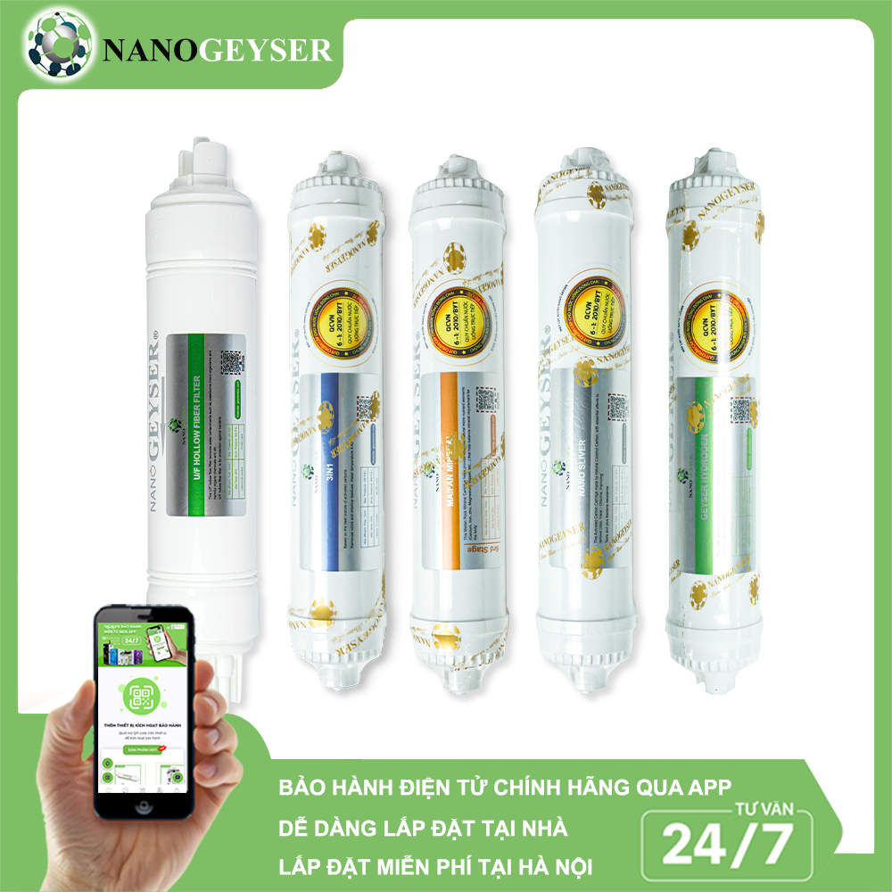 Bộ 5 lõi UF Hollow, 3IN1, Maifan, Nano Silver, Hydrogen (tặng cut, dây, kẹp)